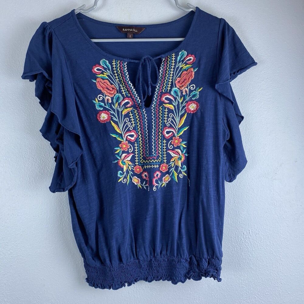 Anthro Ranna Gill Enesta Sz S Tie Frnt Blue Colorful Embroidery Long Flutter Slv - Picture 2 of 10